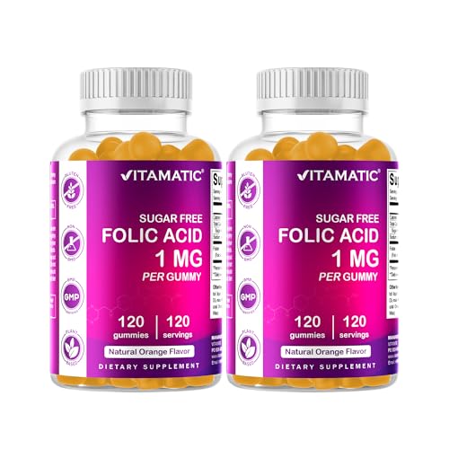 Vitamatic Sugar Free Folic Acid 1 mg Gummies 120 Count Orange Flavor-2 Pack