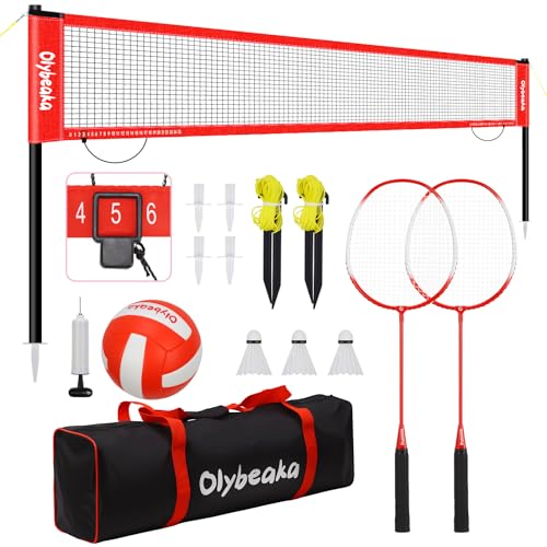 20ft Volleyball & Badminton Combo Net Set Outdoor for Backyard Beach with Adjustable Poles, Durable Anti-Sag Net, PU Volleyball, 2 Aluminum Rackets, Carry Bag for Easy Portable