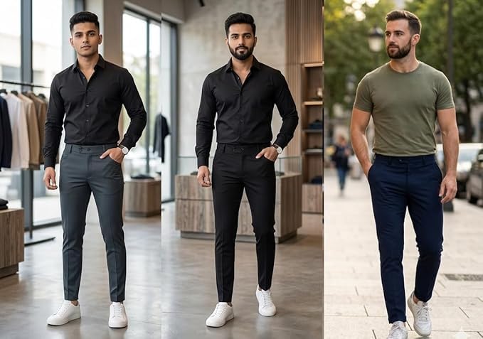Image of Men Slim Fit Formal Trousers | Stylish Ankle Length Stretchable Office Pants | Men's Comfortable Slim Fit Trousers Combo Pack of 3
