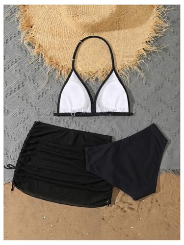 Image of RoseSeek Girl's 3 Piece Cute Bowknot Bathing Suit Halter Triangle High Waisted Swimsuit with Beach Cover Up Skirt