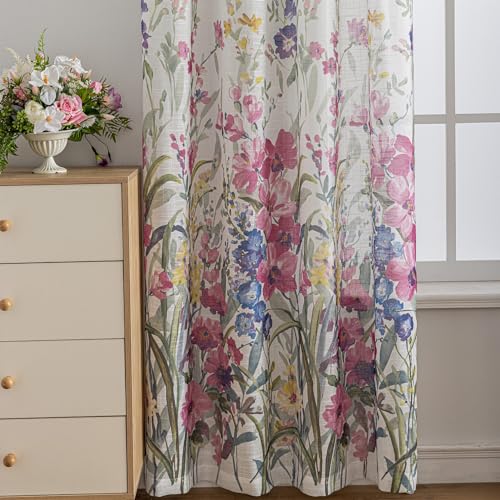Image of SUOUO Pink Violet Wildflower Floral Semi Sheer Curtains 96 Inches 2 Panels | Linen Textured,Light Filtering,Farmhouse Cottage Decor,Rod Pocket,Window Drapes for Living Room Bedroom Dining Room