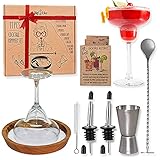 BIGLIKE Margarita Salt Rimmer Set – 11 Pcs: 1 Large Acacia Wood Glass Rimmer Dish, 1 Double Jigger, 1 Mixing Spoon,2 Pourers, 4 Caps, 1 Brush. Cocktail Rimmer Set with 7.1' Wide Margarita Rimmer Tray
