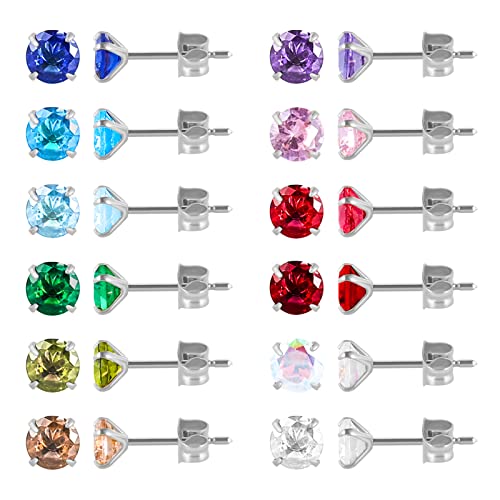 12 Pairs 18K Gold Plated Surgical Stainless Steel Stud Earrings, Star Heart Square Stud Earring for Women, Cubic Zirconia Birthstone Stud Earrings Set