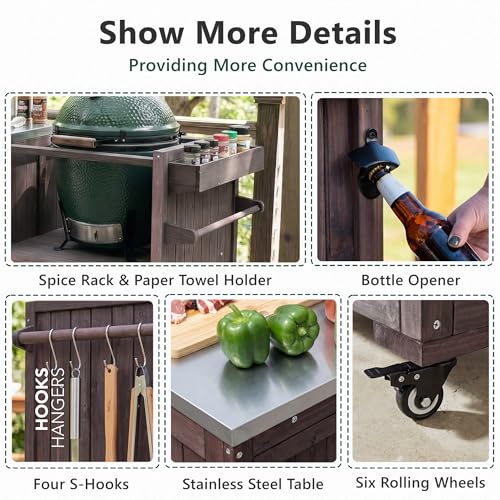 Image of Merax 80.5 inch Outdoor Kitchen Island for Big Green Egg& Blackstone Griddle, Solid Wood Grill Cart Table with Stainless Steel Top, for Large Big Green Egg and 21 inch /28 inch Blackstone Griddle, Dark Brown