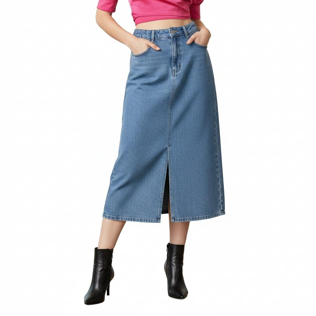 cefalu Women’s Light Blue Denim Midi Skirt with Front Slit | Sizes S-2XL | Denim Skirt for Women Long | Trending Denim Skirt-picture-18