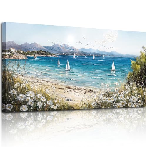 SERIMINO Beach Landscape Wall Art, Seaside Scenery Extra Large Canvas Wall Pictures, Wildflower Nature Decor Painting, Bright House Decorations Living Room Bedroom Rustic Wall Decor Art Prints 30"X60"