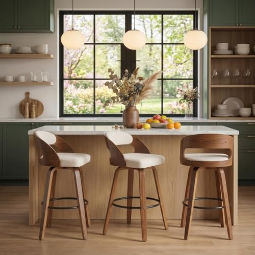 Image of AQG Swivel Bar stools Set of 1 Bar Chairs 30 inch Counter Height Mid-Century Modern Bentwood Barstool Faux Linen Upholstered Bar Chair with Back and Footrest, for Bar, Cafe, Dining, Kitchen Island, Beige