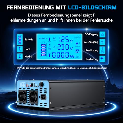 OLTEANP 1500W Wechselrichter12V auf 230V Reiner Sinus,Spannungswandler mit Netzvorrangschaltung und ladefunktion und USV Funktion,Fernbedienung mit LCD-Bildschirm, Automatische Umschaltung für Netz