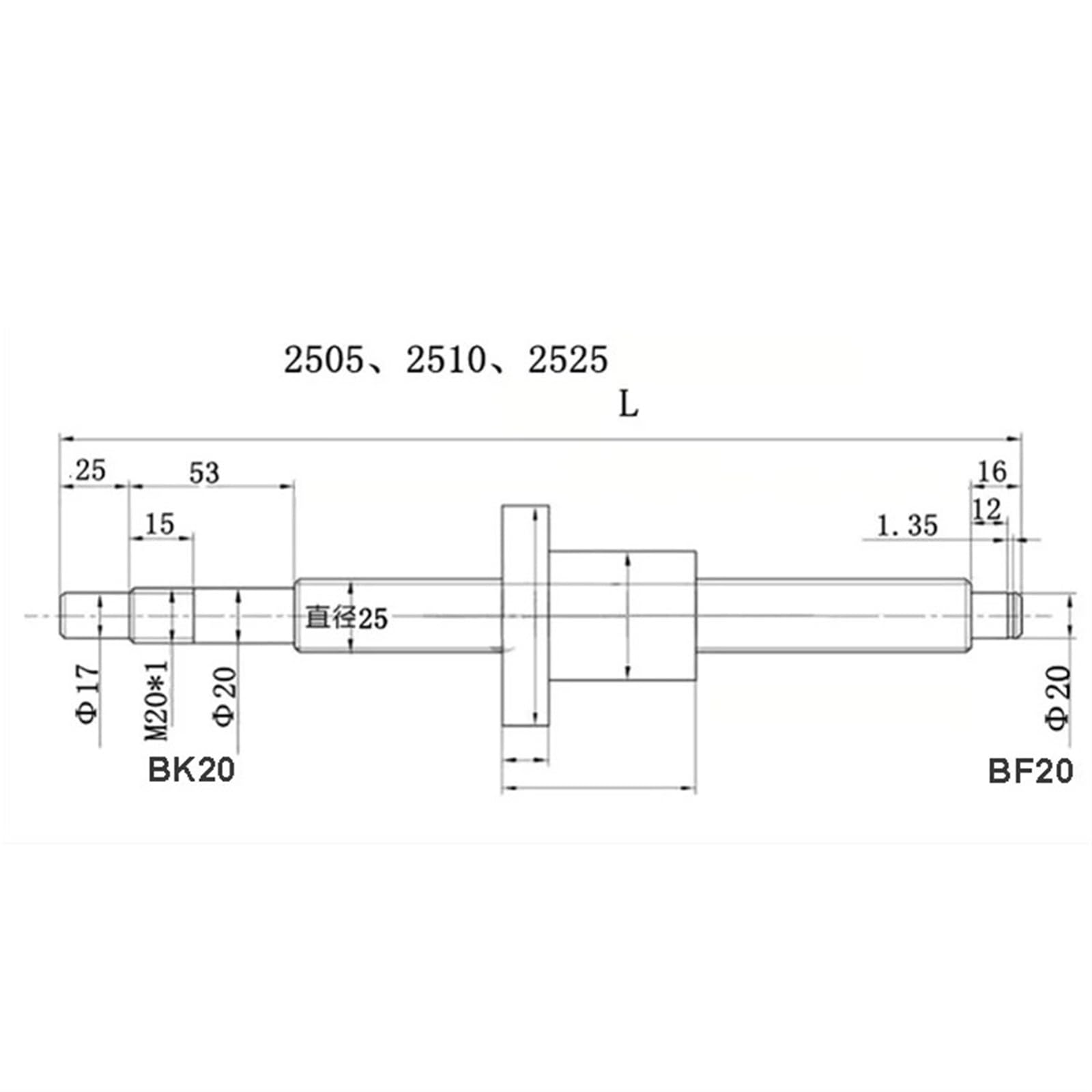 Metal Ball Screw nut Ball Screw SFU2505 300mm-1000mm Ball Screw C7 with 2505 Flange Single BK/BF20 End Machined(800mm)