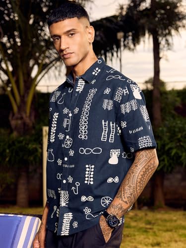 Image of Bewakoof Men's All Over Printed Oversized Fit Half Sleeve Collar Pure Cotton Shirt
