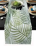 Greeeen Cotton Linen Table Runner, Tropical Palm Leaves Kitchen Table Runners for Family Dinner, Ban