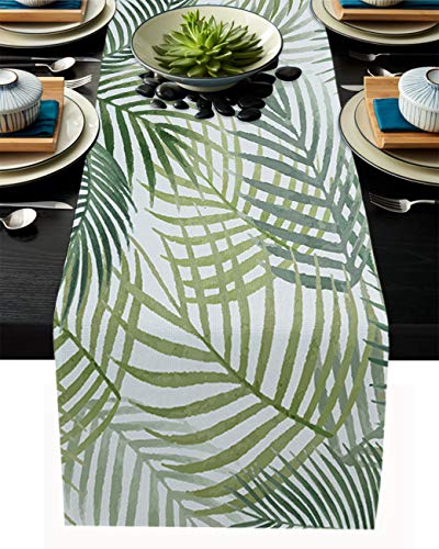 Greeeen Cotton Linen Table Runner, Tropical Palm Leaves Kitchen Table Runners For Family Dinner, Banquet, Parties And Celebrations, Tropical Plant Table Decor, 13 X 36 Inch, 13*36In #TOP18