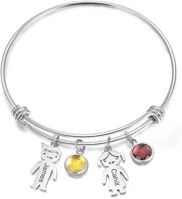Personalized Bangle Bracelet with Charms Custom Names Mother Daughter Jewelry with Simulated Birthstone Family Presents