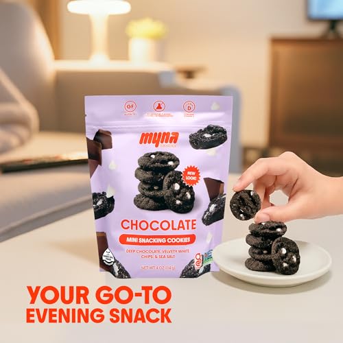 Image of Myna Snacks Midnight Mini Snacking Cookies - Seed Oil Free Snacks - Gluten and Dairy Free Snack - Chocolate Cookies w /White Chips - Healthy Dessert - Sweet Cookie Bites, 8oz (Pack of Two, 4oz Bags)
