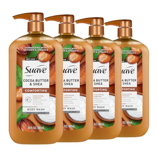 Suave Cocoa Butter + Shea Moisturizing Body Wash with Glycerin & Vitamin E, Hydrating Skin Cleanser For Soft, Smooth Skin, Long Lasting Scent, Paraben Free, 30 FL OZ Pump, 4 Count