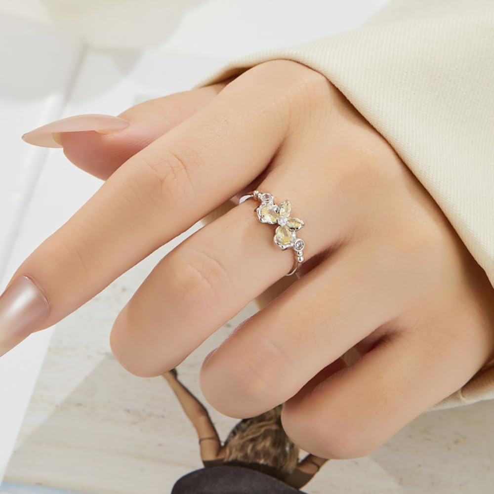 Kokoma Fashion Butterfly Ring for Women, Yellow Crystal CZ Adjustable Open Band Statement Promise Ring Wedding Bands Dainty Jewelry - Image 2