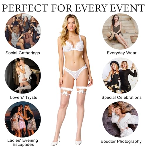Abeillo 1 Paar Netzstrümpfe für Damen,Netzstrumpfhose mit Spitzen-Schleifen,Sexy Fishnet Stockings,Oberschenkelhohe Halterlose Strümpfe für Damen Halloween Cosplay Party(Weiß)