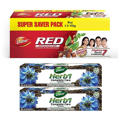 Image of Dabur Red Paste 300g & Dabur Herb'l Blackseed Complete Care Toothpaste 150g (Pack of 2) | Supersaver Combo Pack