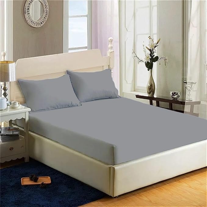 200 Thread Count 100% Egyptian Cotton Fitted Sheet, Super Soft, Breathable, Cozy, Deep 12" / 30cm, Fitted Bed Sheet (Silver, Single)