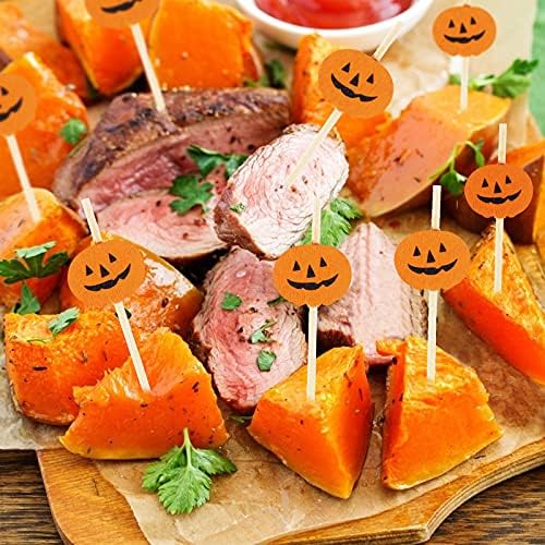 200 Pieces Halloween Pumpkin Cocktail Sticks Wooden Toothpick Pumpkin Ghost Fruit Picks Orange Cake Topper Mini Snack Picks 4.7 Inch Food Picks Appetizer Picks for Party Mini Cake Decorations