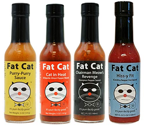 Funny Cat Name Natural Hot Sauce Gift Box And Bundle By Fat Cat Gourmet | Medium To Extra Hot Sampler & Gift Set | Peri-Peri | Ghost | Scorpion | Carolina Reaper | Funny Gift For Men, Women, Pet Lovers (4 Pack) #TOP1