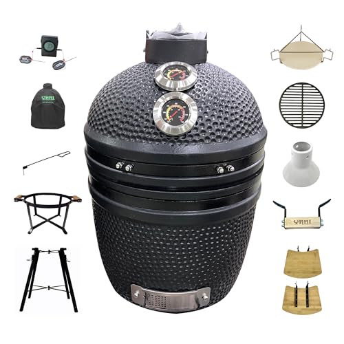 YNNI KAMADO TQTT15MBN - Kamado de pie de 15.7 pulgadas con carrito y mesas auxiliares, parrilla, negro mate, barbacoa, cerámica, huevo, ahumador, paquete con extras TQTT15MBN