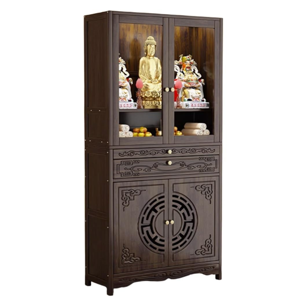 DECAKE Chinese Buddha Niche Altar Cabinet, Bamboo Shrine Table with Drawer, Personal Meditation Buddhist Prayer Stand, Home Incense (52x37x174cm/20.5"x14.6"x68.5")