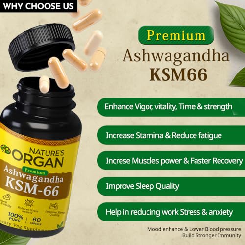 Image of Nature's Organ Ashwagandha KSM-66-500mg for Vitality, Extra Strength & Power with Stress Relief, Sleep Support & Immunity | Premium Root Extract for Men & Women | 60 Capsules