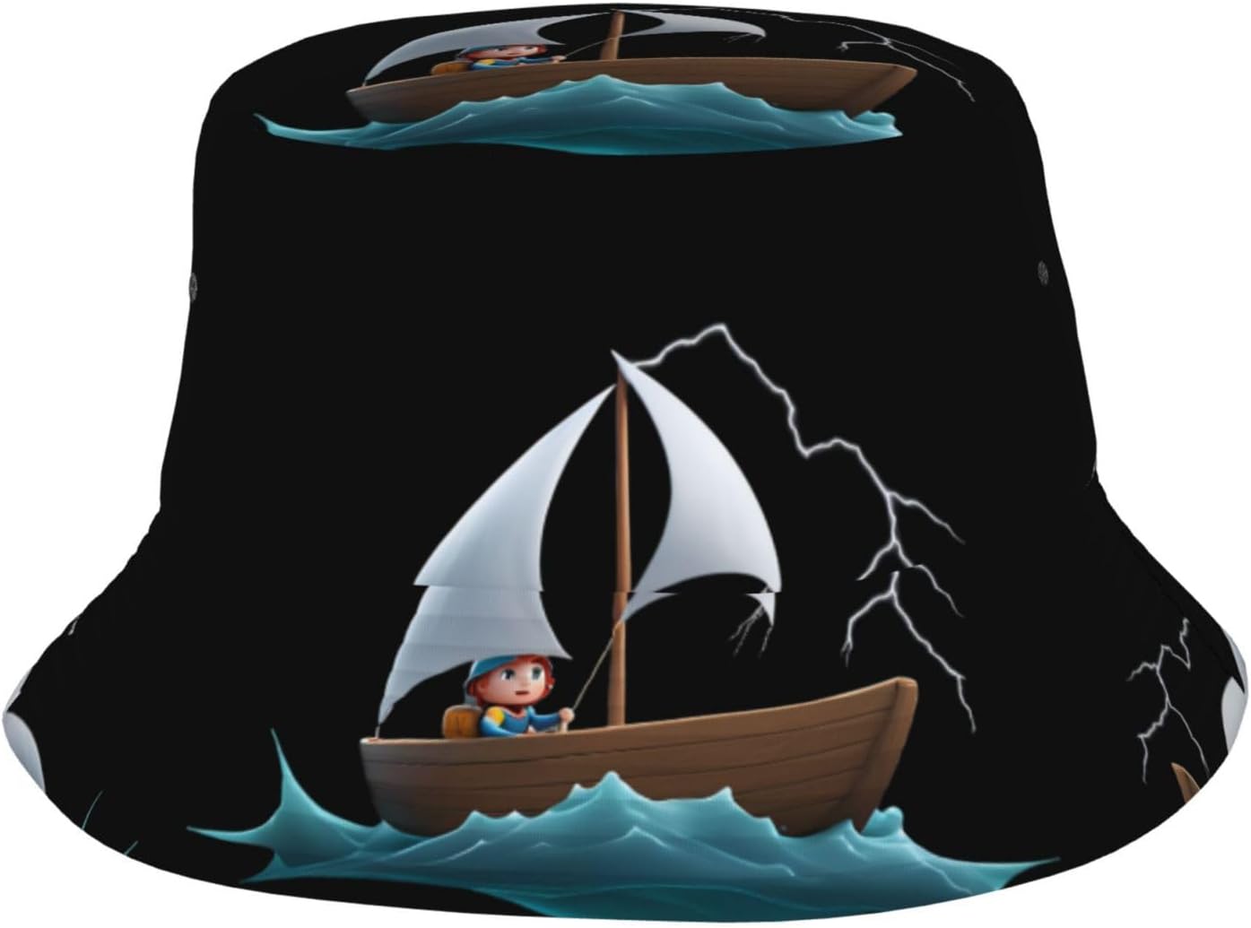Small Sailboat in The Waves Prints Summer Outdoor Travel Bucket hat, a Beach Sun hat Suitable for Both Men and Women Black