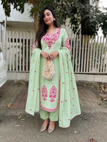 Image of GoSriKi Kurta Sets for Women Viscose Embroidered | Kurta Pant Dupatta Set | Straight Kurti Set for Women | Round Neck 3 /4 Sleeve Ethnic Suit | Designer Indian Kurti Outfit with Pants