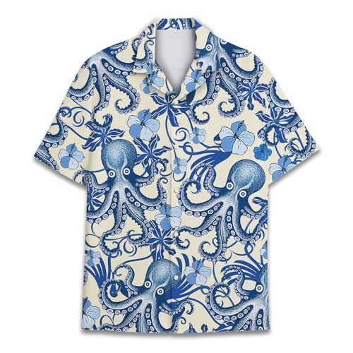 QWEFVB Camisa hawaiana de neón para hombre y mujer, camisa alienígena de manga corta, camisa hawaiana para hombre, Pulpo, 4XL