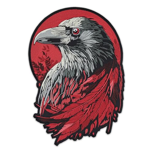 EMBROVERSE Mystic Raven Blood Moon Back Patch - Gothic Feathered Crow Premium Embroidered Iron-On Statement Piece for Jackets - 6.9 x 10 inches