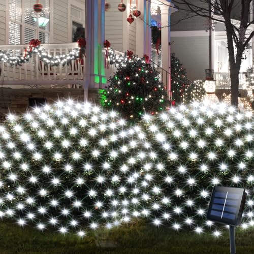 Solar LED Net Lights 9.8 x 6.6Ft, 200 LEDs Net Mesh Lights, Solar Outdoor Bush Mesh Light Dark Green Cable with 8 Modes for Trees Bushes Garden Yard Decoration - White