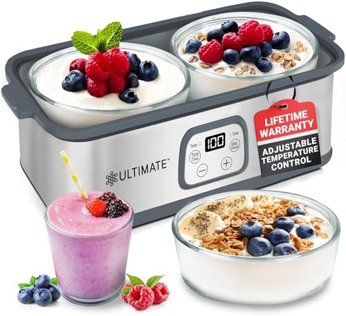 Ultimate Probiotic Yogurt Maker with Adjustable Time & Temperature Control, Make Trillions of Probiotics for Better Gut Health, Two 1-Quart Containers for Larger Batches, ULTIMATE LIFETIME WARRANTY