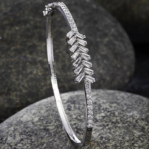 Image of ZENEME Rhodium-Plated Silver Toned American Diamond Leaf Design Openable Hinged Kada Bracelet for Women & Girls | CZ Studded Designer Hand Jewellery