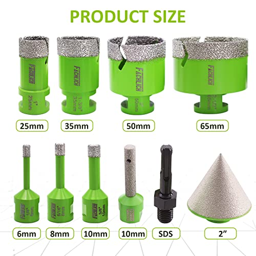 Image of Diamond Core Drill Bits Set - 10pcs Tile Hole Saw Kit 6 /8 /10 /25 /35 /50 /65mm with 2 inch Diamond Beveling Chamfer Bits for Porcelain Ceramic Tile Granite Marble