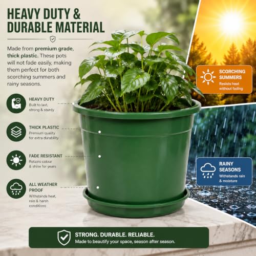 Image of 12 Inch Glossy Forest Green Plastic Planter with Bottom Plate | Heavy Duty Flower Pot with Tray for Indoor Home Decor, Balcony, Living Room & Outdoor Garden (12 Pot, Forest Green)