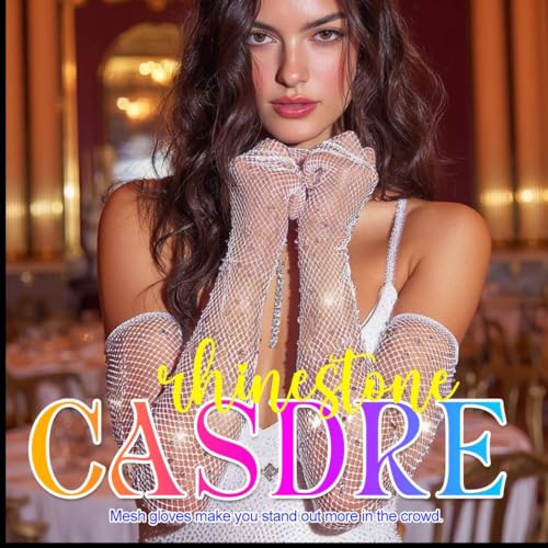 CASDRE Rhinestone Long Fishnet Gloves Mesh Rave Gloves Bling Elbow Length Evening Party Glove for Women and Girls4