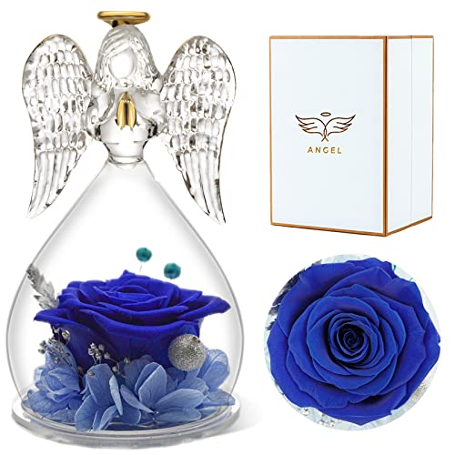 Sunia Rose Eternelle Figurine d'ange Cadeau Fete des Meres Rose Préservée dans Un Dôme de Verre d'ange Cadeau Fête des Mères Noël pour Maman Grand-Mère Cadeau Romantique pour Elle - Bleu Cover