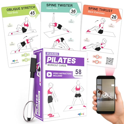 Cartes de Pilates – 58 cartes d'exercice avec instructions vidéo et conseils de respiration | Marqueur effaçable à sec et anneau gratuit pour...