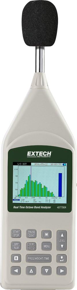 Extech 407790A Real Time Octave Band Analyzer - 1/1 and 1/3 Octave Filters, Real-Time Sound Level Meter, Built-in Data Logging, Large LCD Display, USB Interface, Meets ANSI & IEC Standards