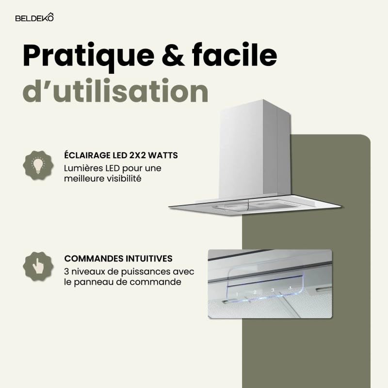 BELDEKO Hotte Îlot 90 cm Inox 556 m3/h 3 Vitesses - Marque Française