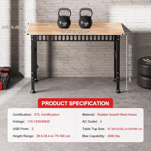 Antifir 48\'\' Adjustable Workbench with Power Outlets, Rubber Wood Top Heavy Duty 2000 LBS Load Capacity Workstation for Garage, Workshop, Commercial,Office,Home - Thumbnail 5