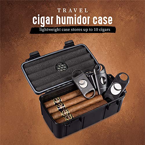 Mantello Portable Travel Cigar Humidor Case - Gift Set for Men - Fits 10 Cigars with 2 Ring Cigar Cutter, 1 V-Cut Cutter and 1 Cigar Punch - Portable, Airtight Seal, Crush-Proof - 8.80\"x 5.18\" Black