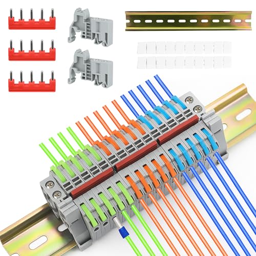 15 Stück Kompakte Reihenklemmen Hutschiene Kit: 0 08-2 5 mm Hutschienen Klemmen Klemmleiste Kit mit Leere Markierungsstreifen Verbindungsleisten (5 Pin) und Führungsschienen Durchgangsklemme