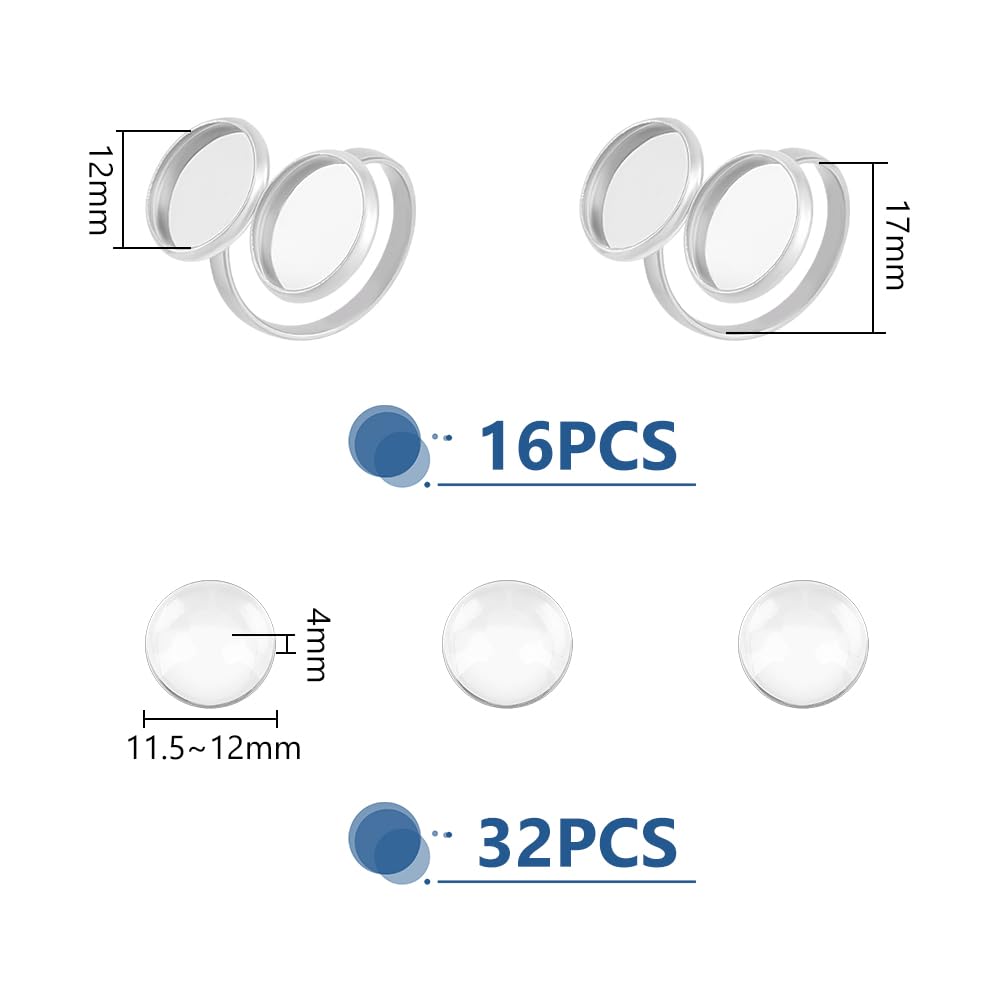 UNICRAFTALE 16pcs Finger Ring Blank Base 17mm Adjustable Open Cuff Ring Findings Transparent Glass Cabochons Base 304 Stainless Steel Flat Round Pad Ring Base Bezel Tray 12mm for Jewelry Making - Image 3