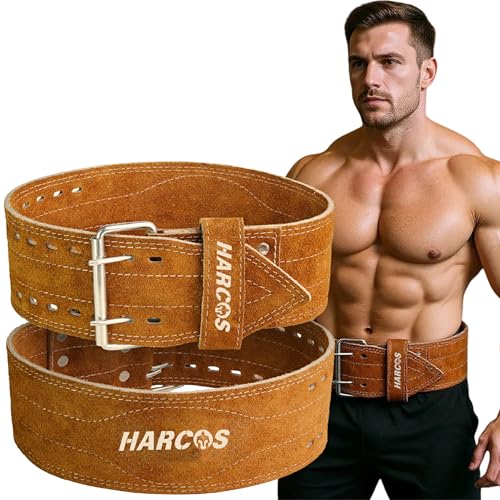 Image of Harcos Leather Weightlifting Gym Belt for Men & Women with Prone Buckle | Back Support Belt for Lifting, Squats, Deadlifts, Powerlifting & Strength Training | Adjustable Waist Workout Gym United states power lifting association & IPL Approved (Brown, XL)