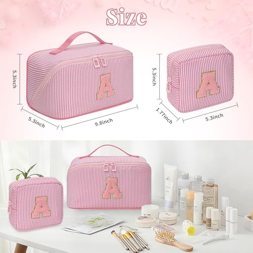 Travel Makeup Bag for Women, 2Pcs Portable Personalized Initial Makeup Organizer Bag, Open Flat Large Cosmetic Bag With Travel Essential Pouch (Pink Letter K)3
