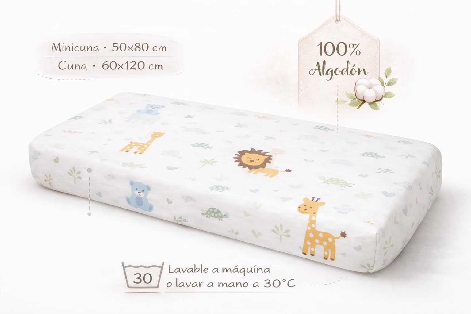 TRAMAS+ Set di Lenzuola per Culla e Miniculla, Lenzuola 100% Cotone Super Morbido per Bebè, Tessili per Cameretta 3 Pezzi con Disegni Allegri - Culla - 60x120 cm, Animales