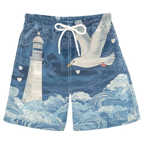 Jucciaco Boys Beach Board Shorts Bird Seagull Lighthouse Swim Trunk Teen Swimwear Multicolor